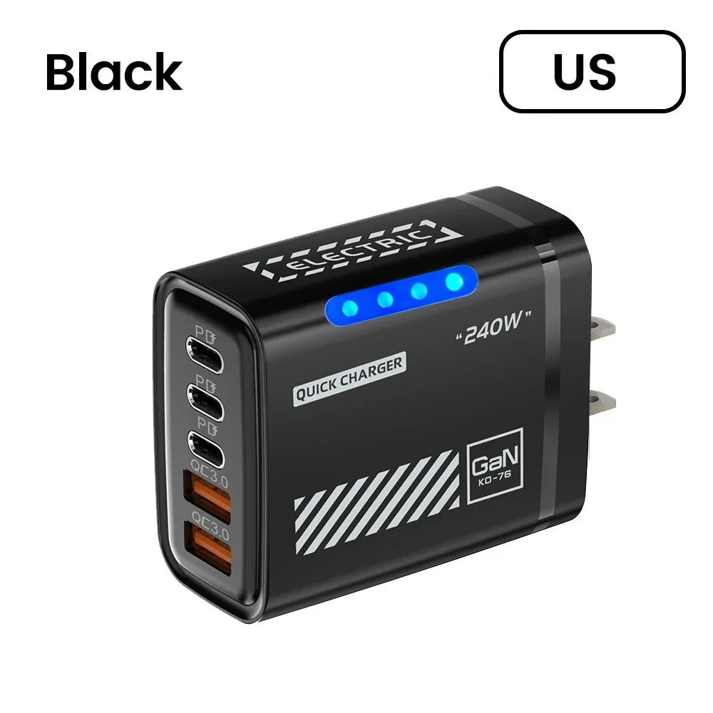 240W GaN 5 Port Fast Charging Station 3PD 2USB Desk Adapter For iPhone 17 16 15 Pro Samsung Xiaomi EU US Wall Plug USB C Charger