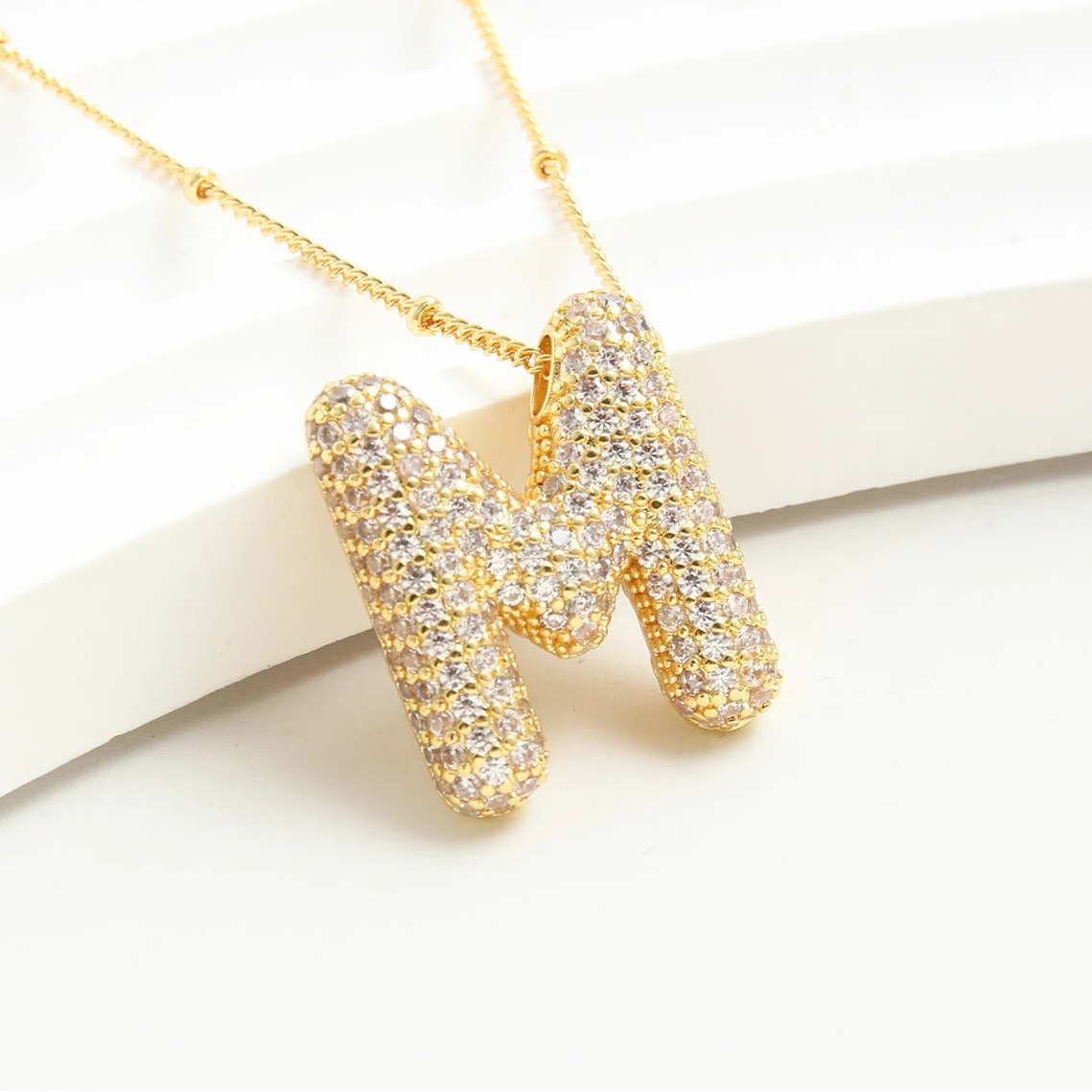 Gold-Style Plated Balloon Initial Zirconia Letter Pendant Necklace