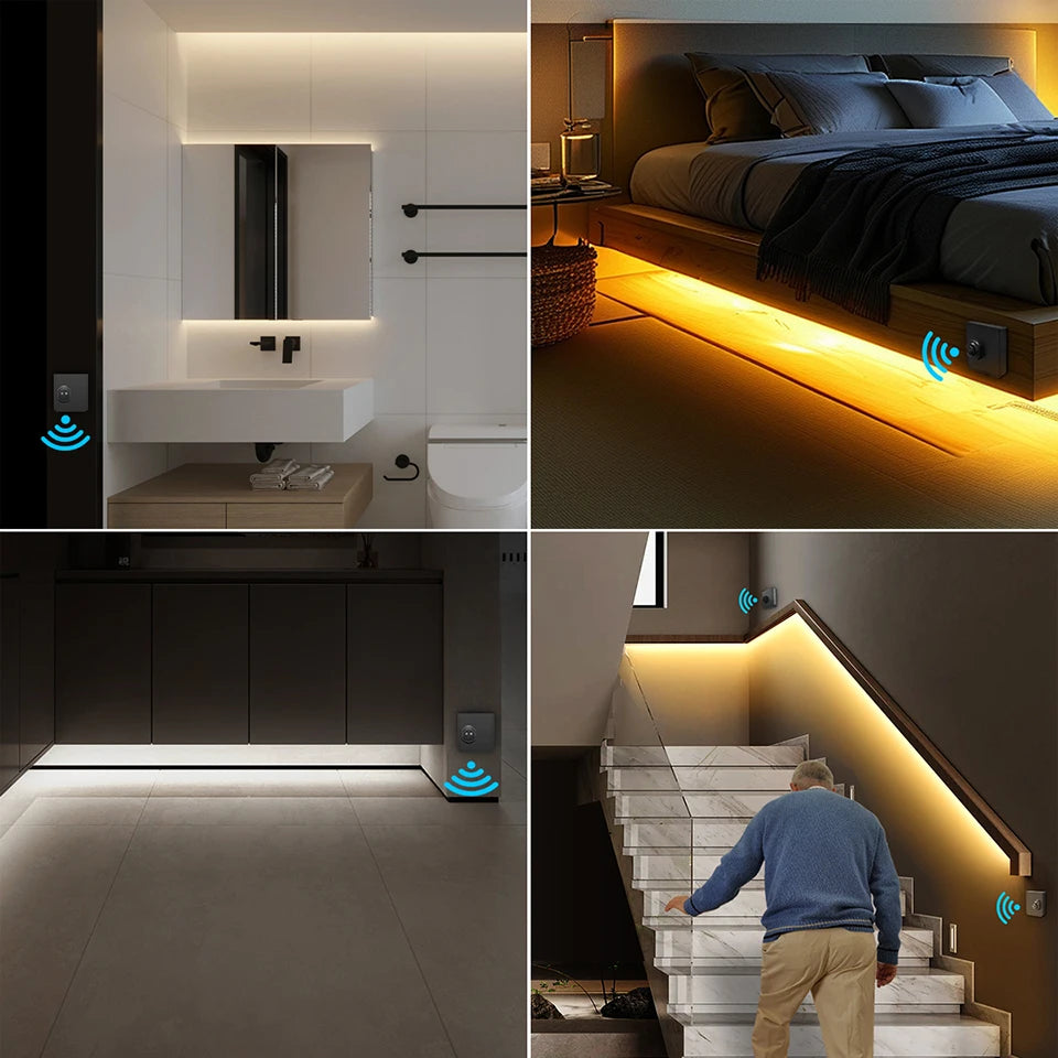 Smart Dual Sensors PIR Motion Sensor Switch DC 24V Neon Light LED Strip 2m 5m 10m for Bathroom Bedroom Stair Night Lamp