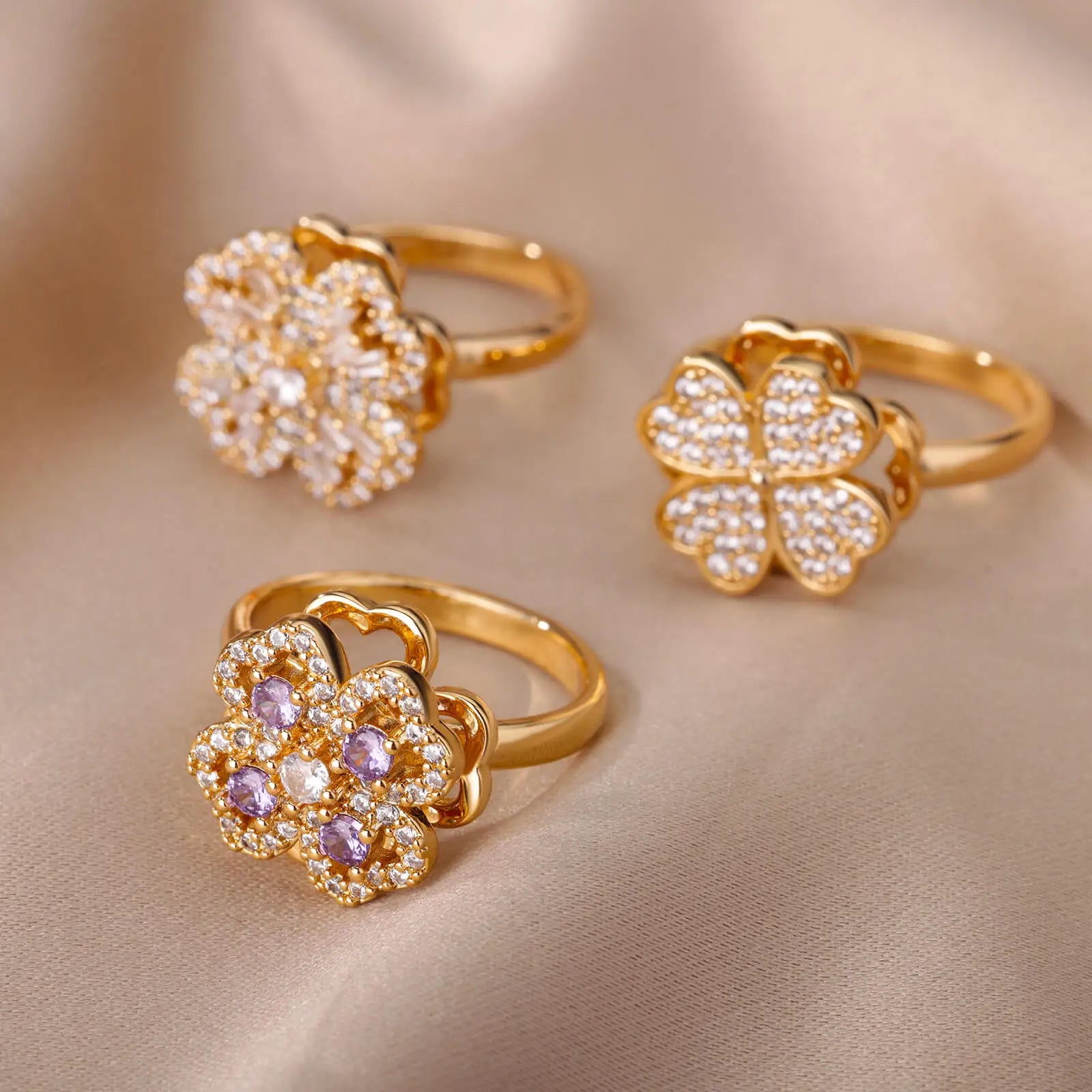 18K Gold Zircon Heart Clover Spinner Anxiety Ring