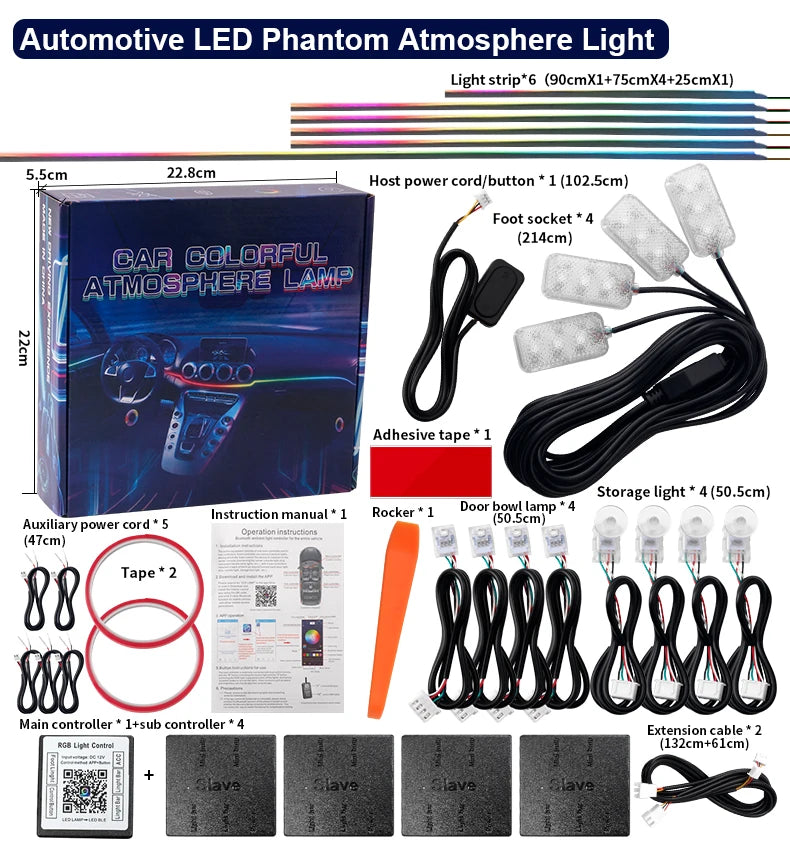 18 in 1 Dual Zone Symphony Streamer Car Ambient Light Interior LED Full Color RGB Neon Acrylic Strip Atmosphere Lighting Kit App