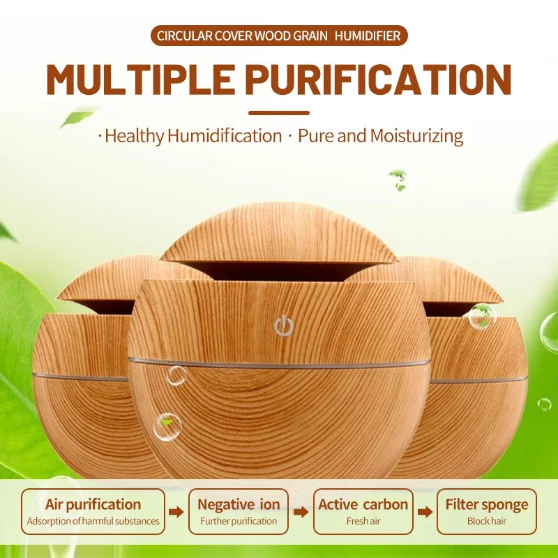 USB Ultrasonic Cool Mist Sprayer Essential Oil Diffuser Wood Grain Electric Air Humidifier Purifier for Home office and Car