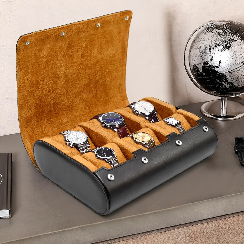 Premium 6-Slot Leather Watch Travel Case Roll Organiser