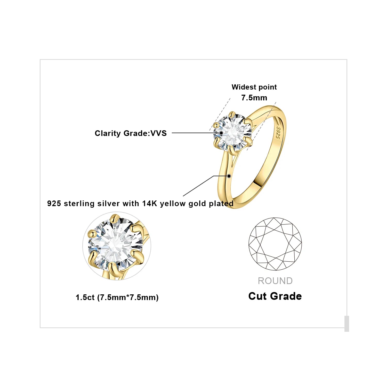 925 Sterling Silver D Color 6-Claw Moissanite Solitaire Ring