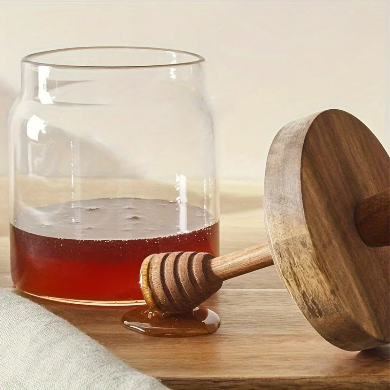 Airtight Borosilicate Glass Honey Jar with Wooden Dipper