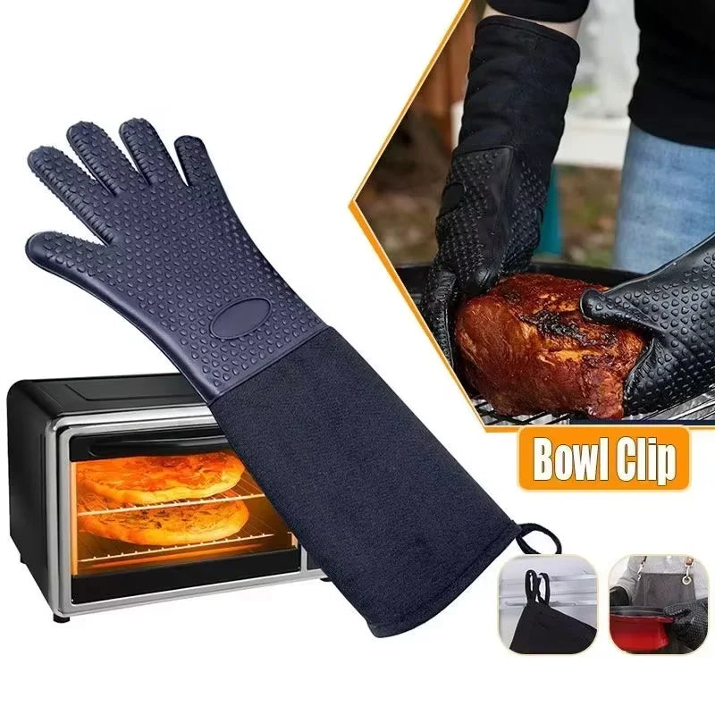 Extra Long Heat Resistant Silicone Oven Mitts with Quilted Liner