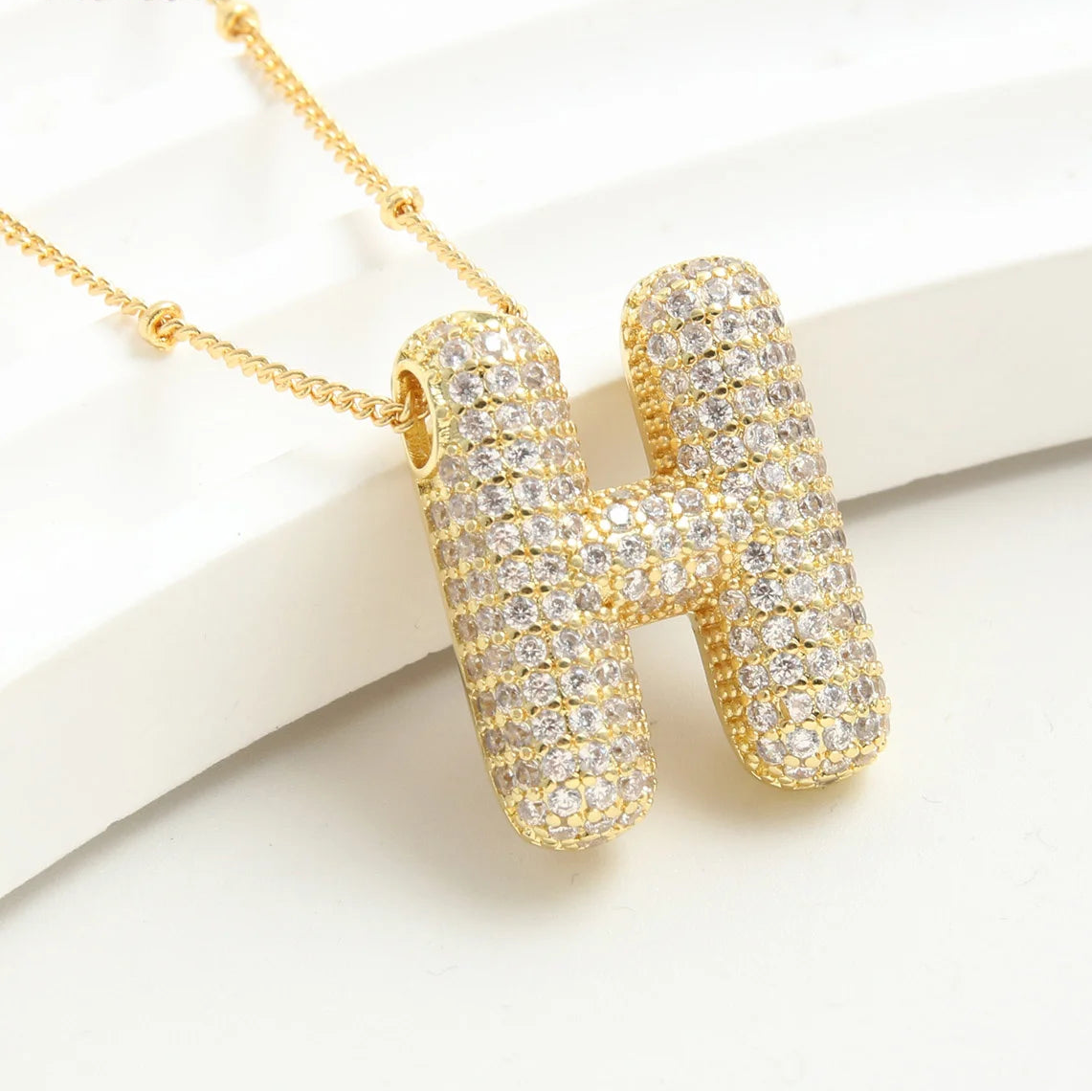 Gold-Style Plated Balloon Initial Zirconia Letter Pendant Necklace