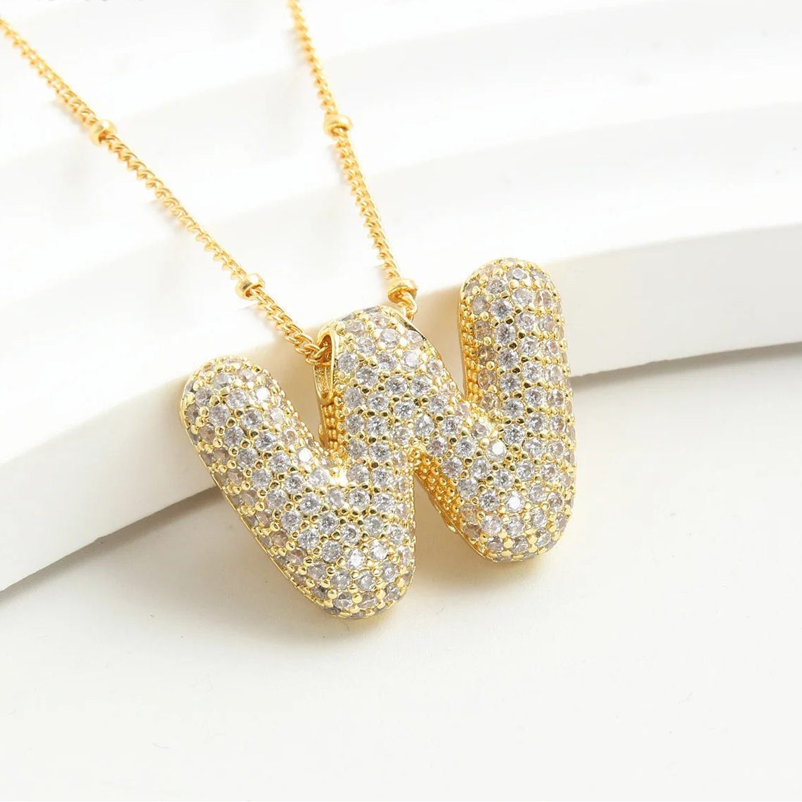 Gold-Style Plated Balloon Initial Zirconia Letter Pendant Necklace