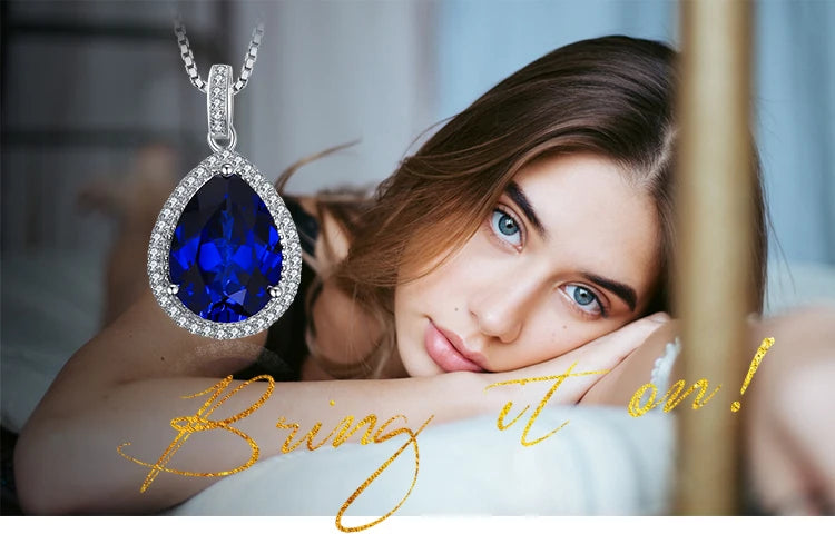 925 Sterling Silver Pear Cut Blue Sapphire Halo Necklace