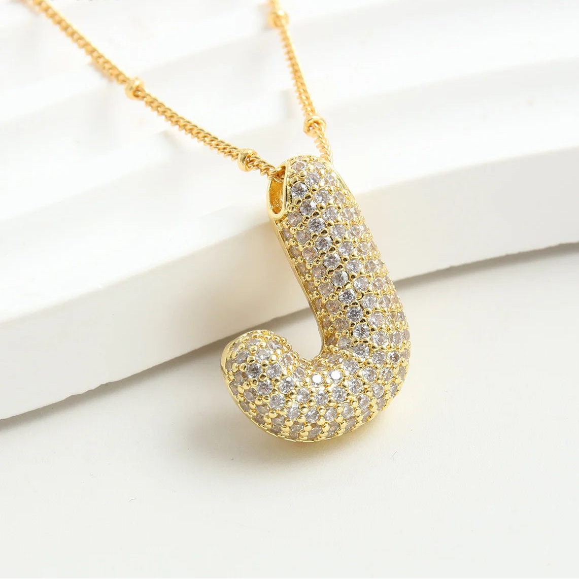 Gold-Style Plated Balloon Initial Zirconia Letter Pendant Necklace
