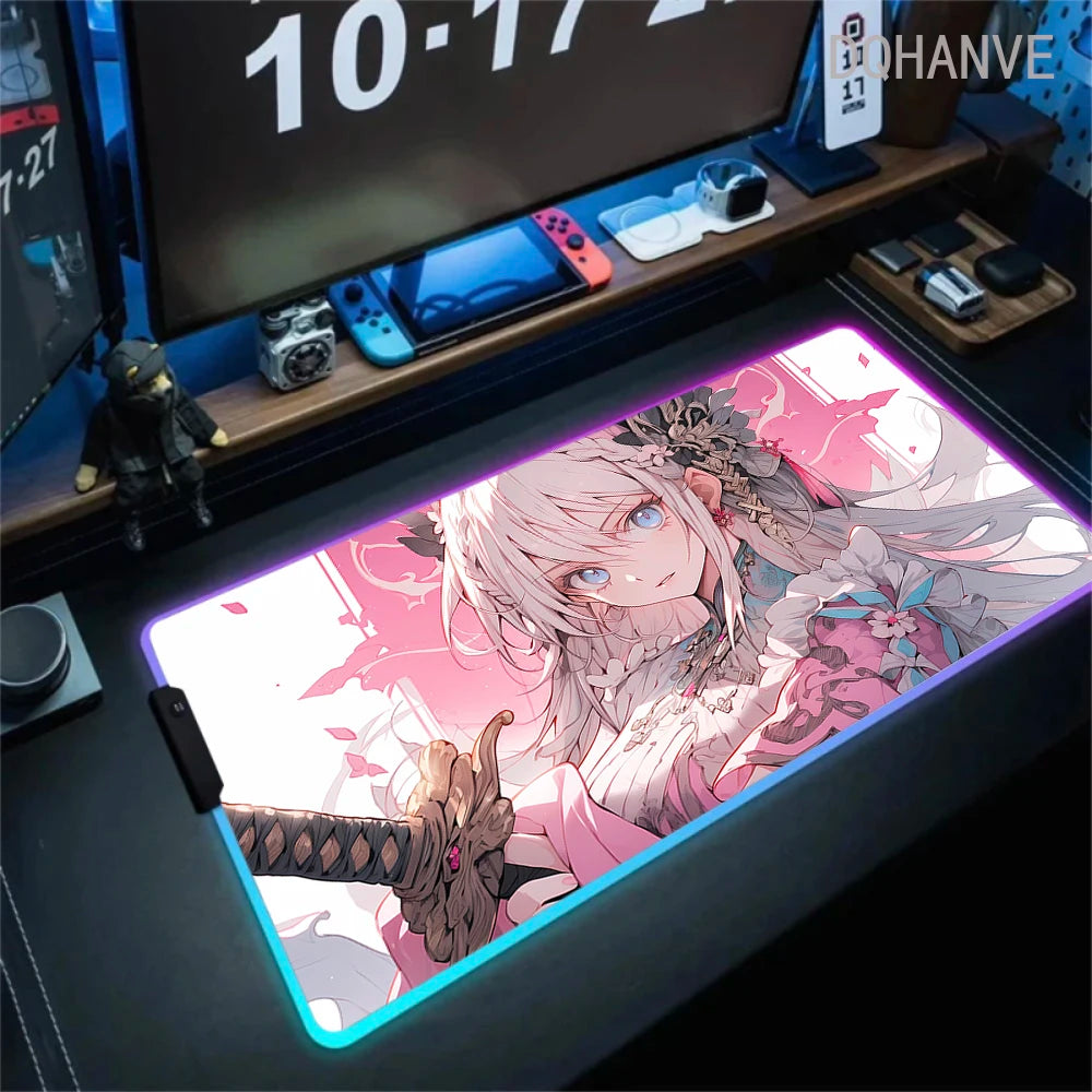 Pink Girls RGB Anime Rubber Mouse Pads XXL Cute Large LED Lighting PC Computer Mousepad Colorful Glowing Deskmat Backlight Mat