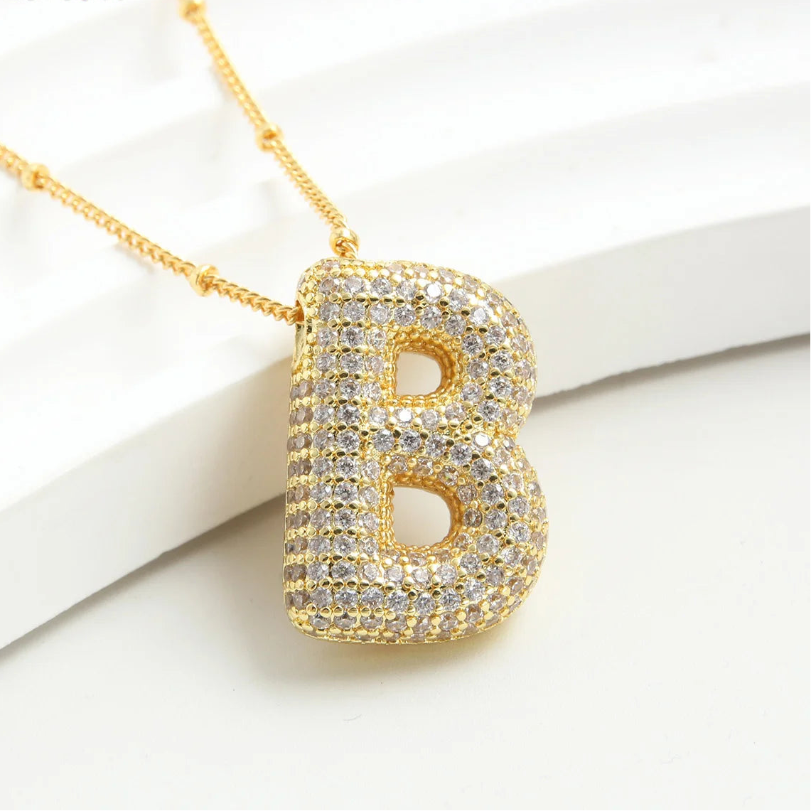 Gold-Style Plated Balloon Initial Zirconia Letter Pendant Necklace