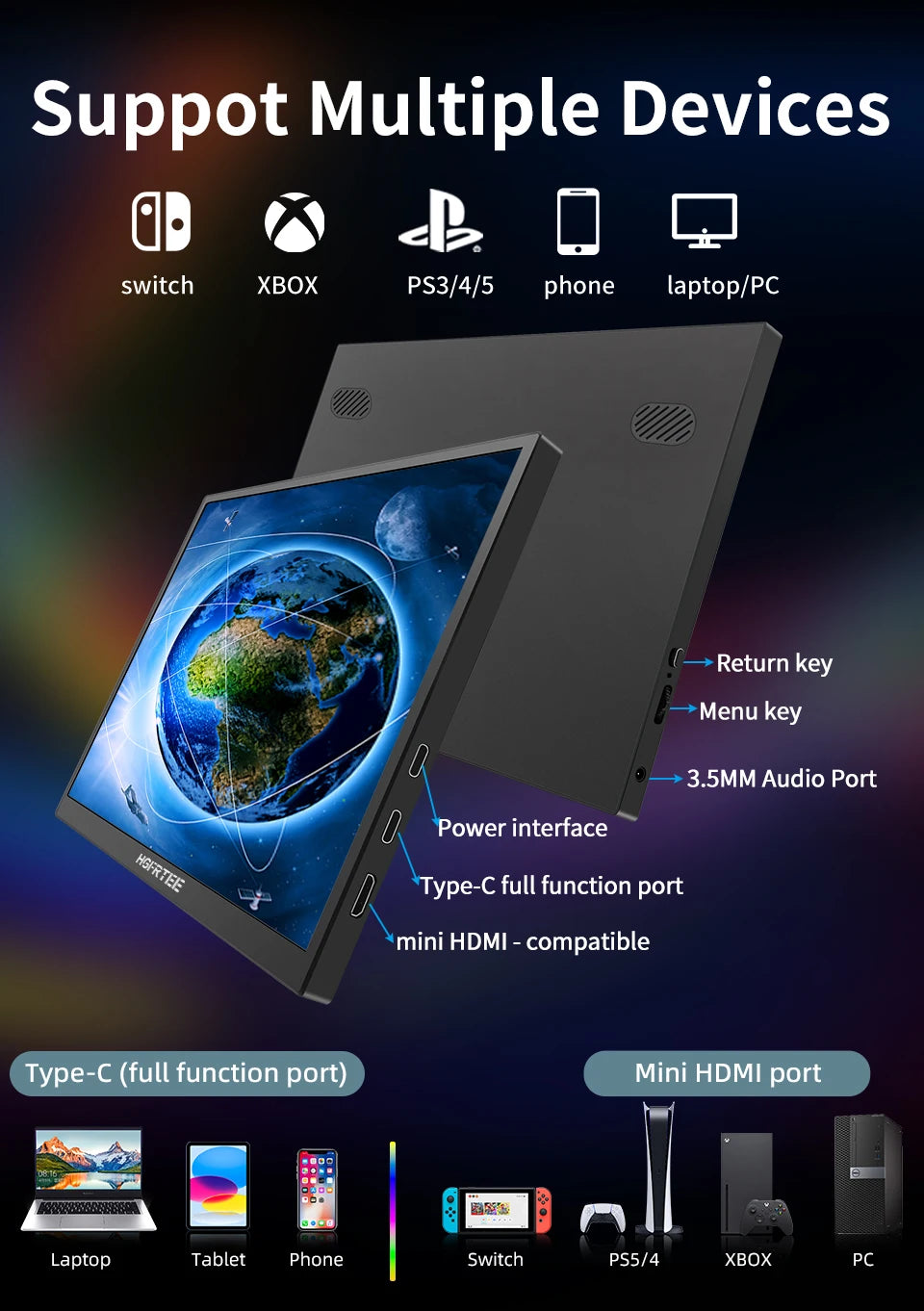 10.5 inch Portable Monitor 1280P 100%SRGB 420cd/m2 With dual speakers Mini HDMI interface For Laptop PC PS4 Game Console