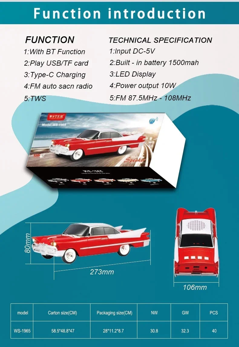 WS-1965 Classic Car Shaped Bluetooth Speaker with Subwoofer Support U Disk TF Card Fm Radio Portable Vintage HIFI Stereo Boombox