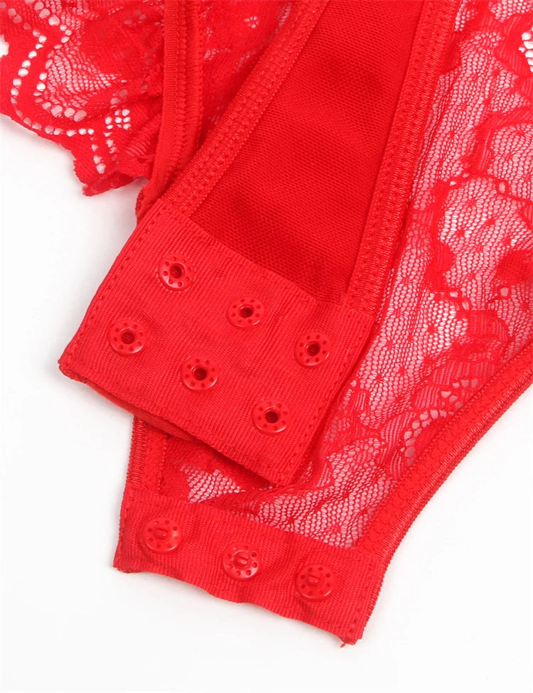 Lace and Mesh Teddy Bodysuit with Garter Set
