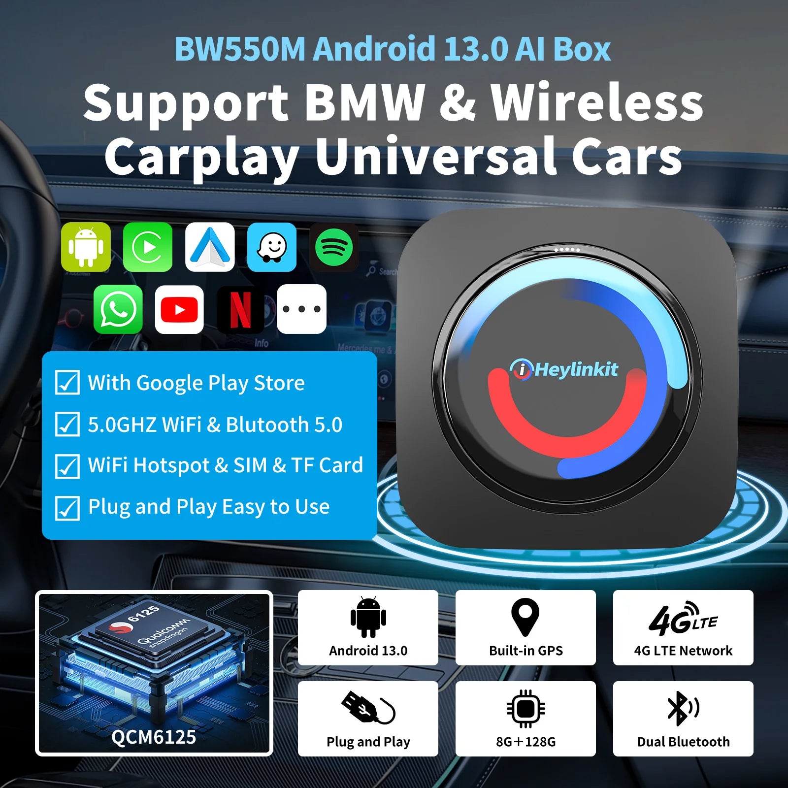 iHeylinkit BW550M Smart Ai Box Android13.0 QCM6125 Wireless CarPlay Adapter Android Auto Support Google Play Video Game Software