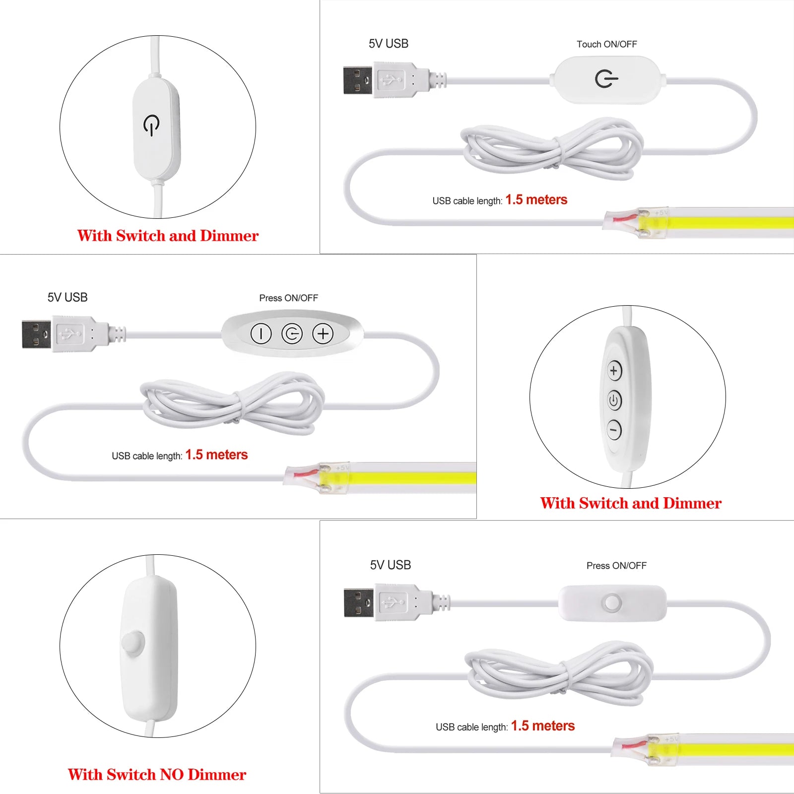 New 5V LED COB Light Strip Dimmable With Touch Sensor/ON OFF Switch USB Flexible LED Tape Christmas TV Backlight Adhesive Tape