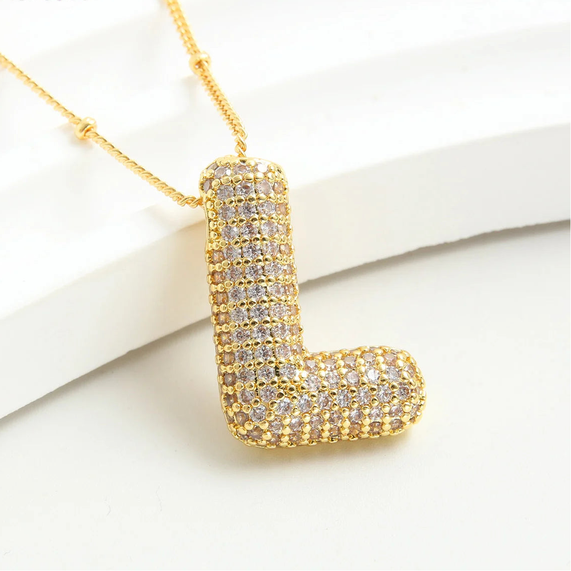Gold-Style Plated Balloon Initial Zirconia Letter Pendant Necklace