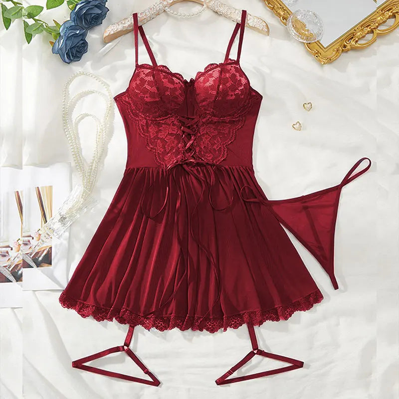 3-Piece Hot Babydoll Lingerie Set with Garter Belt