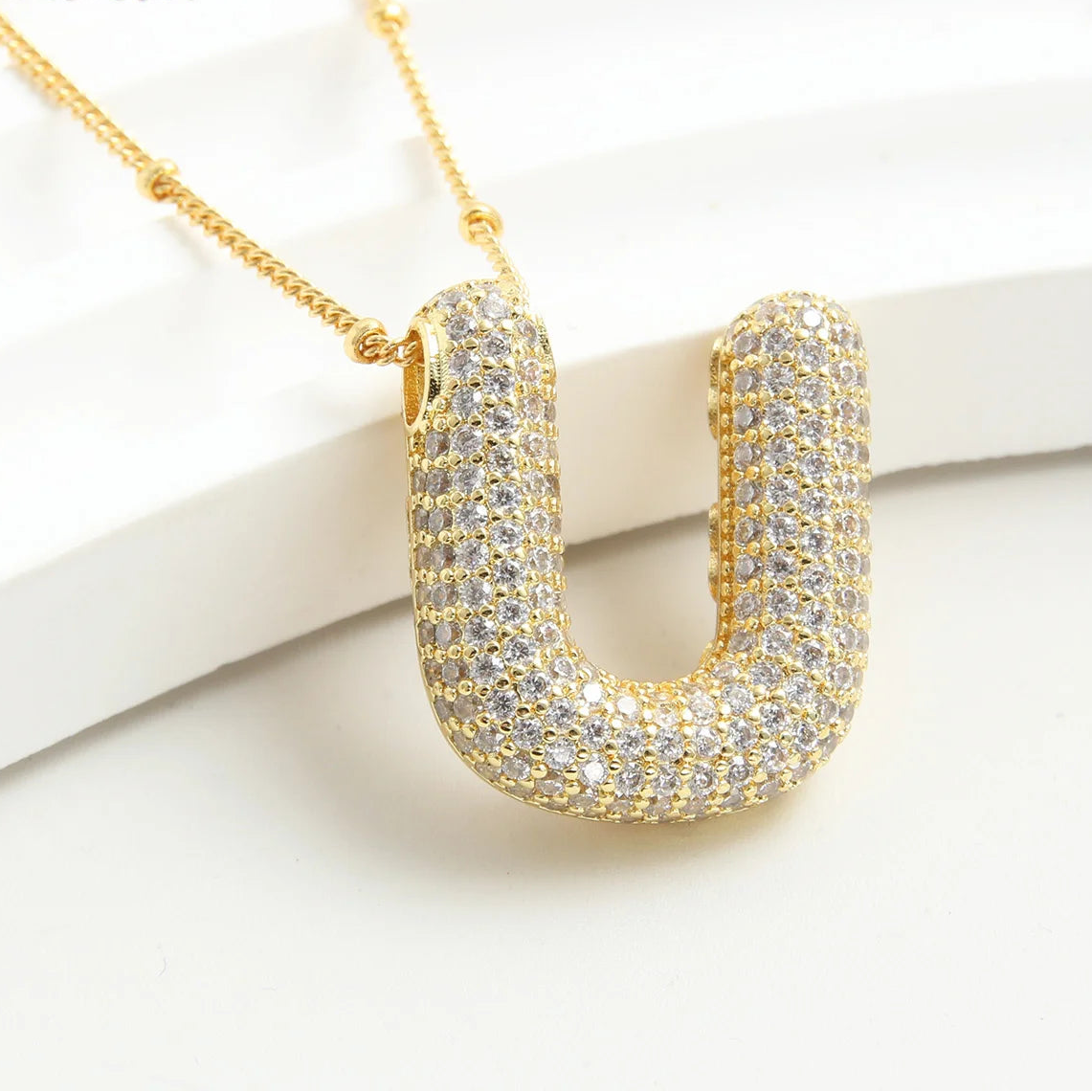 Gold-Style Plated Balloon Initial Zirconia Letter Pendant Necklace