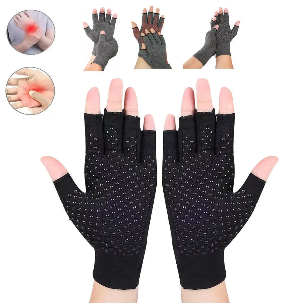 1 Pair Compression Gloves Hand Copper Arthritis Gloves Joint Pain Relief Half Finger Anti-slip Therapy Gloves For Womens Mens