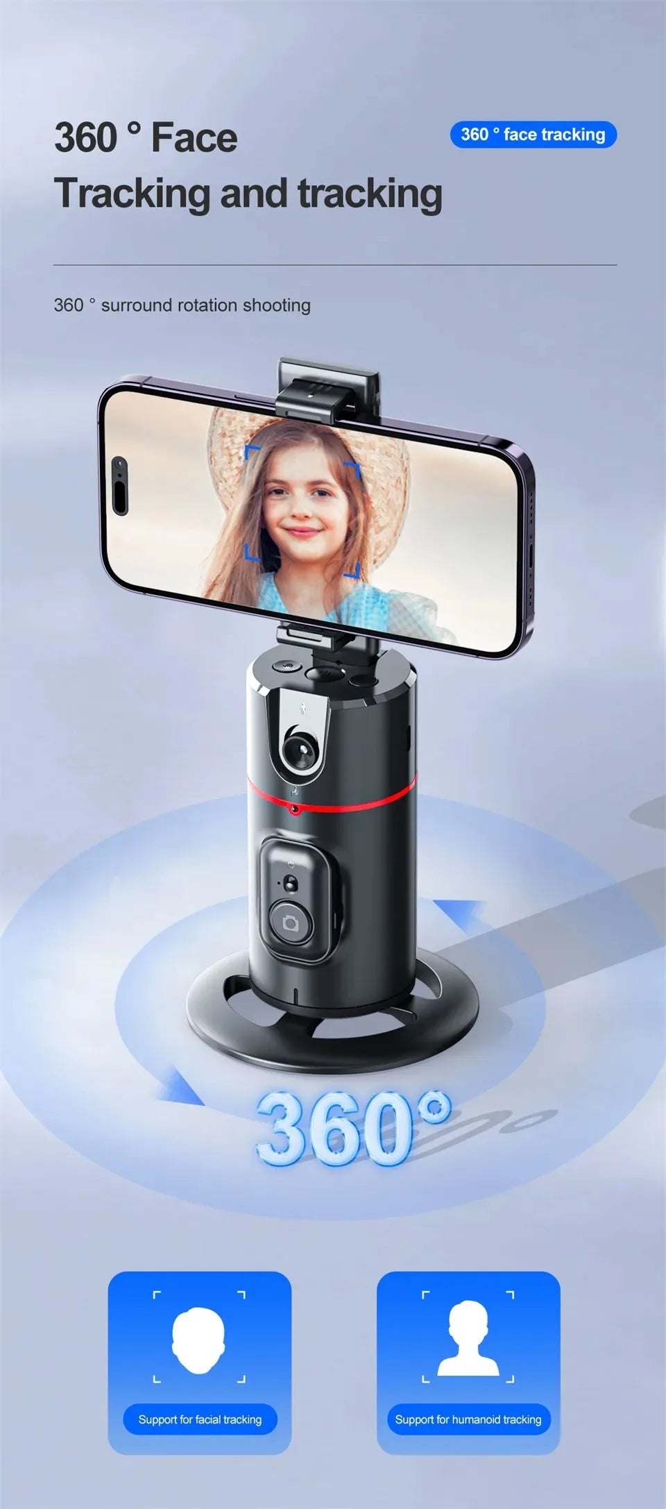 Auto Face Tracking Tripod 360°Rotation,No App, Gesture Recognition Phone Camera Mount Smart Shooting Phone Holder for Live Video