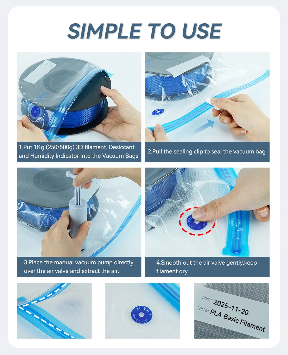 3D Printer Filament Storage Bag PLA PETG ABS Vacuum Bag Dryer Safekeep Humidity Resistant Sealing Bags Keep Filament Dry Sealed