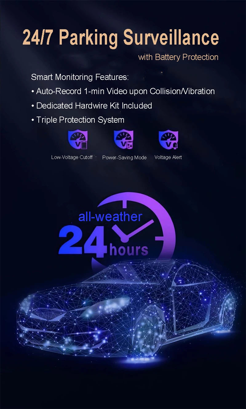 4K 4CH Hidden Car DVR with APP 24H Parking Mode G Sensor Motion Detect Loop Record Time Lapse Stealth Recording Night Vision WDR
