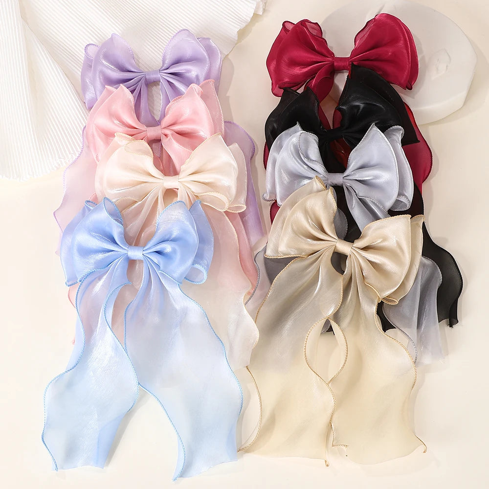 Elegant Long Satin Bow Hair Clip Large Chiffon Barrette
