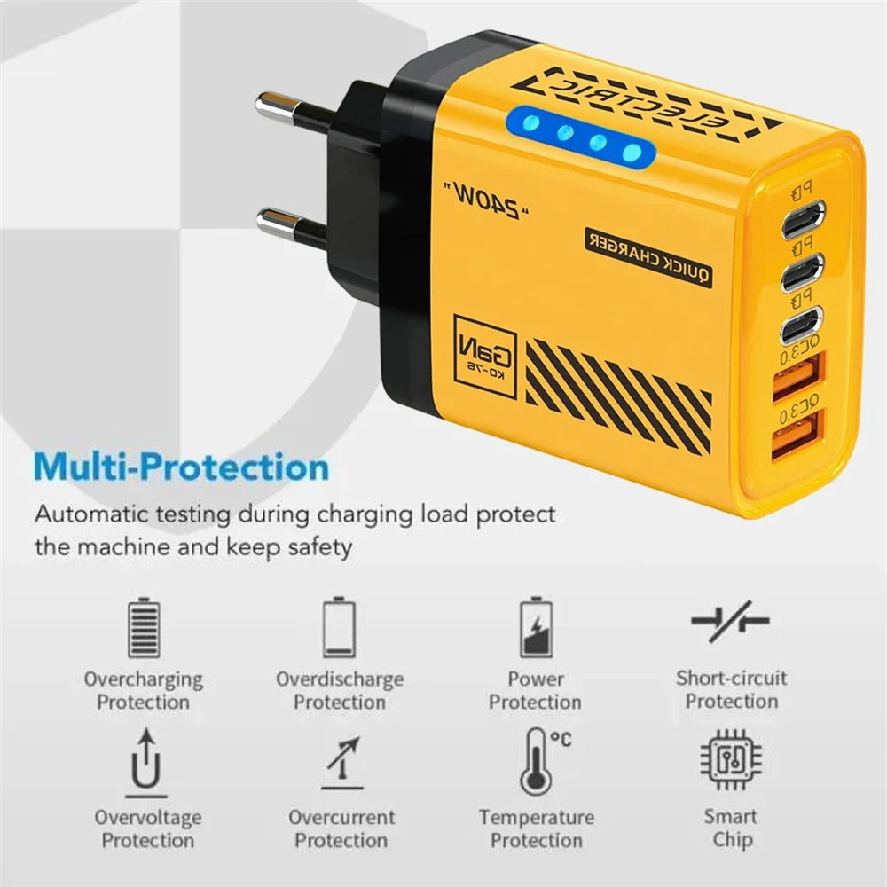240W GaN 5 Port Fast Charging Station 3PD 2USB Desk Adapter For iPhone 17 16 15 Pro Samsung Xiaomi EU US Wall Plug USB C Charger