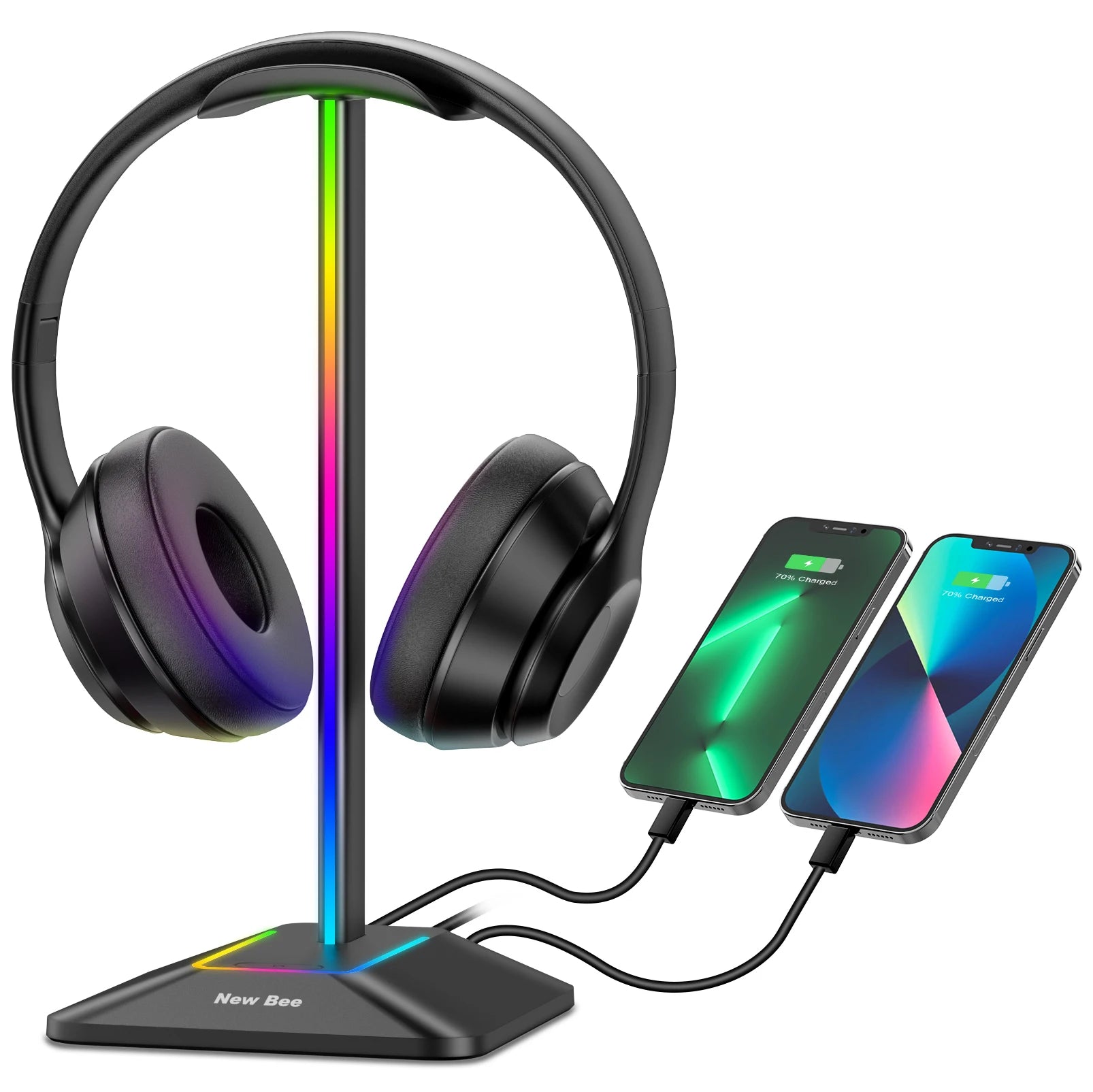 New Bee Z8 RGB Headphones Stand Holder Desk Gaming Headset Cool Display With 2 USB Ports Holder Non-Slip Rubber Base for Gamer