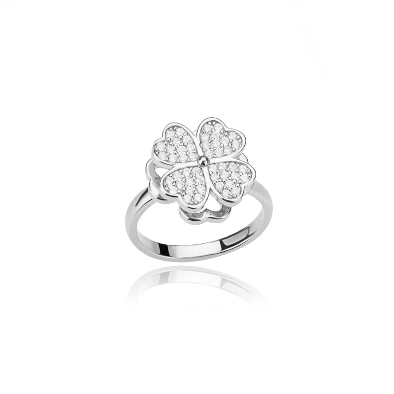18K Gold Zircon Heart Clover Spinner Anxiety Ring