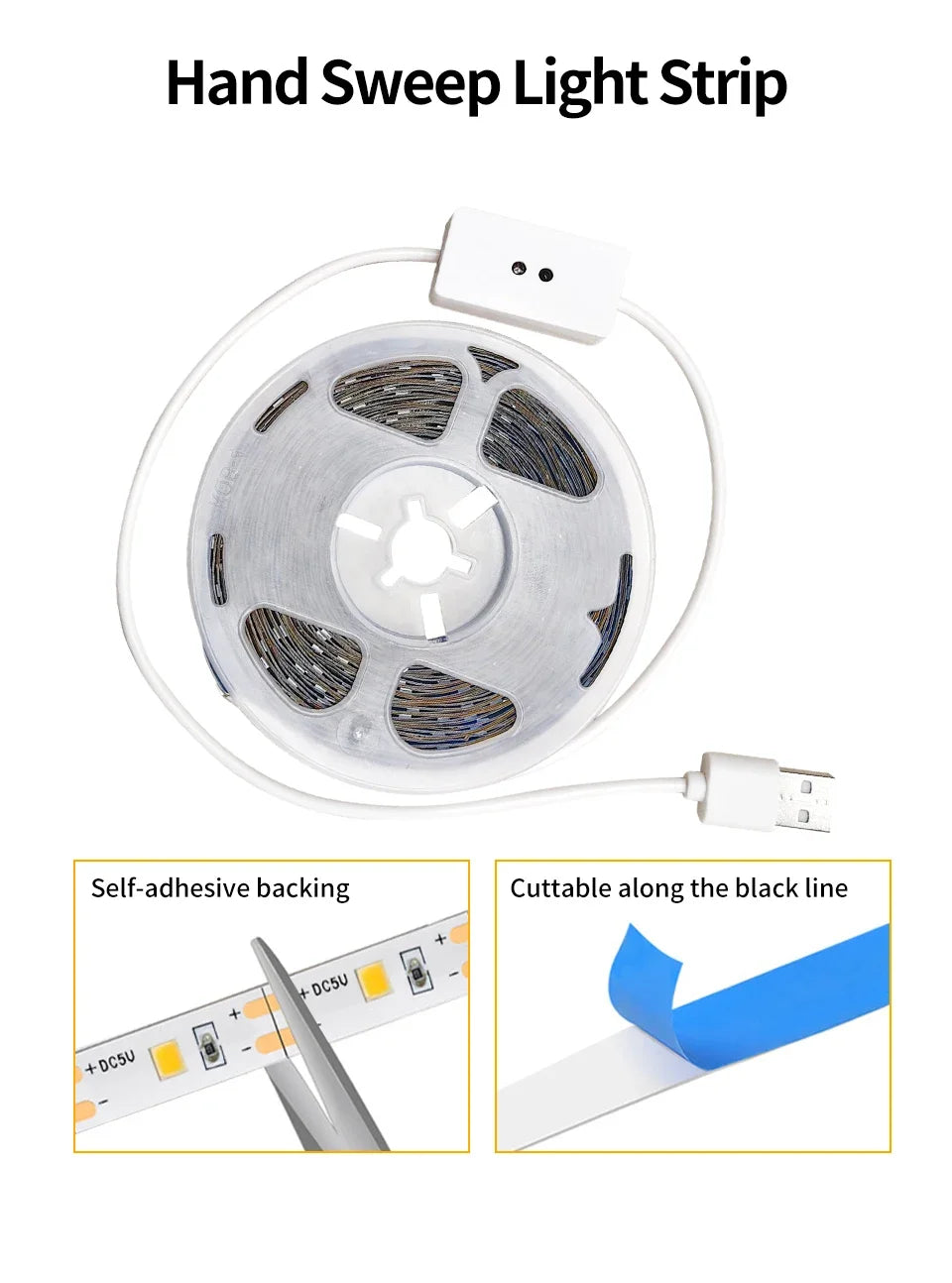 Hand Sweep LED Strip Lights 1M 2M 3M 4M 5M 10M LED Strip with Hand Sweep Motion Sensor Switch for Kitchen Stairs Wardrobe