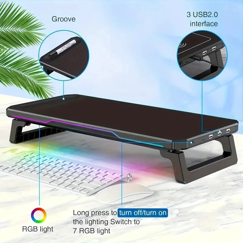 ITLY RGB Monitor Stand with 3 USB Ports Data Transfer  Charging  Desktop Organizer for PC and Laptops up to 19.6 Inches NEW