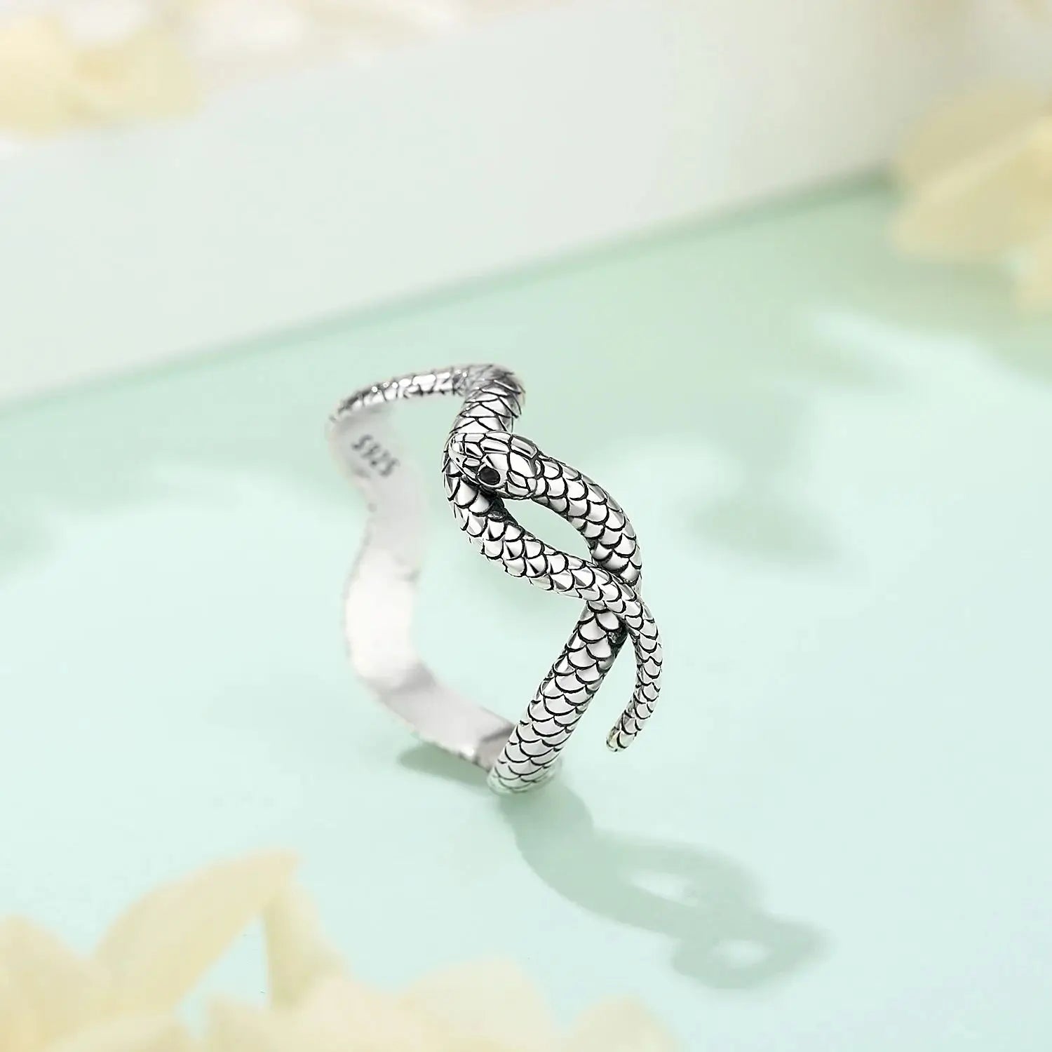 925 Sterling Silver Textured Snake Ring with Black Zircon