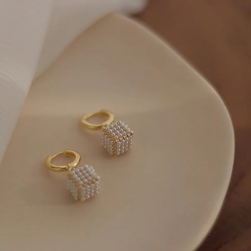 Premium Square Pearl Pendant Drop Earrings Luxury Jewelry