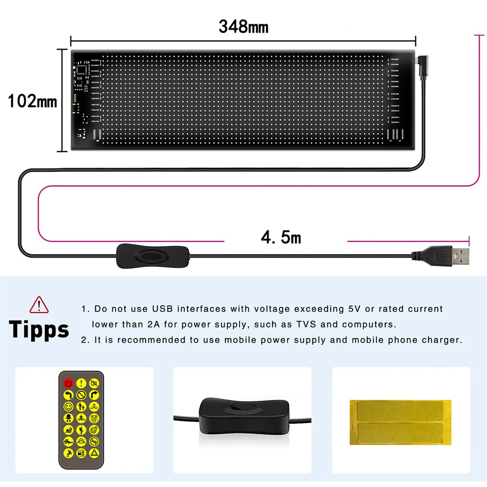 LED Matrix Pixel Panel USB 5V RGB Car Sign Bluetooth App Control Flexible Addressable Pattern Graffiti Scrolling Text Animation