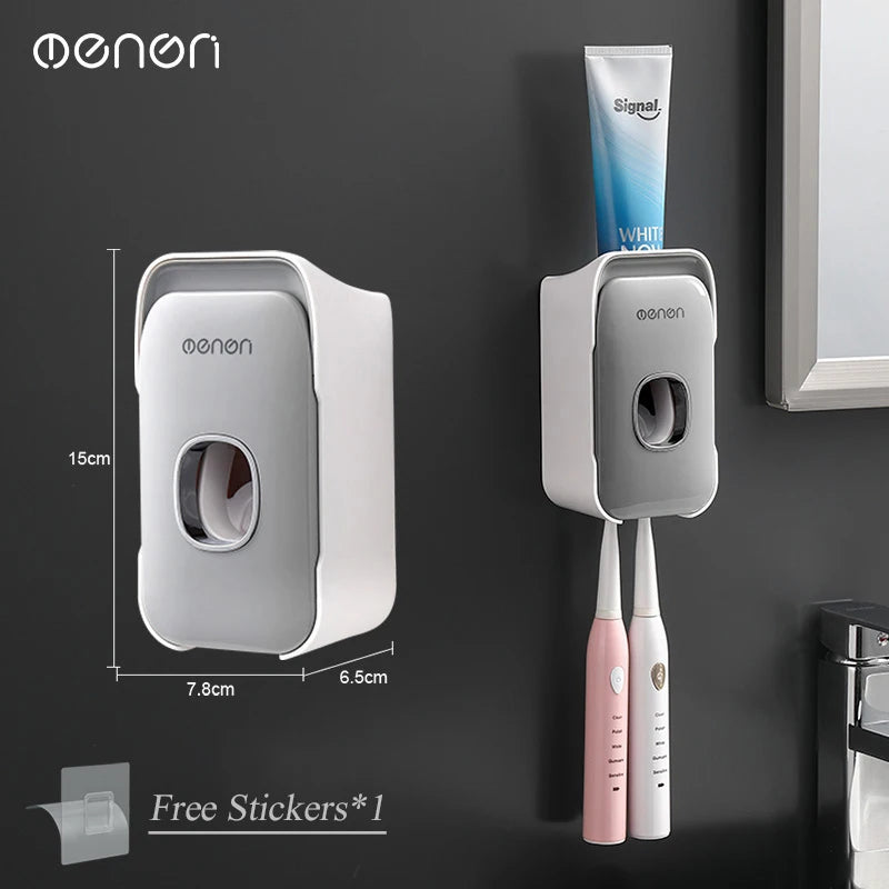 MENGNI Automatic Toothpaste Dispenser Wall-Mounted Bathroom Toothpaste Squeezer Punch-Free Toothbrush Holder Rack Bathroom Acces