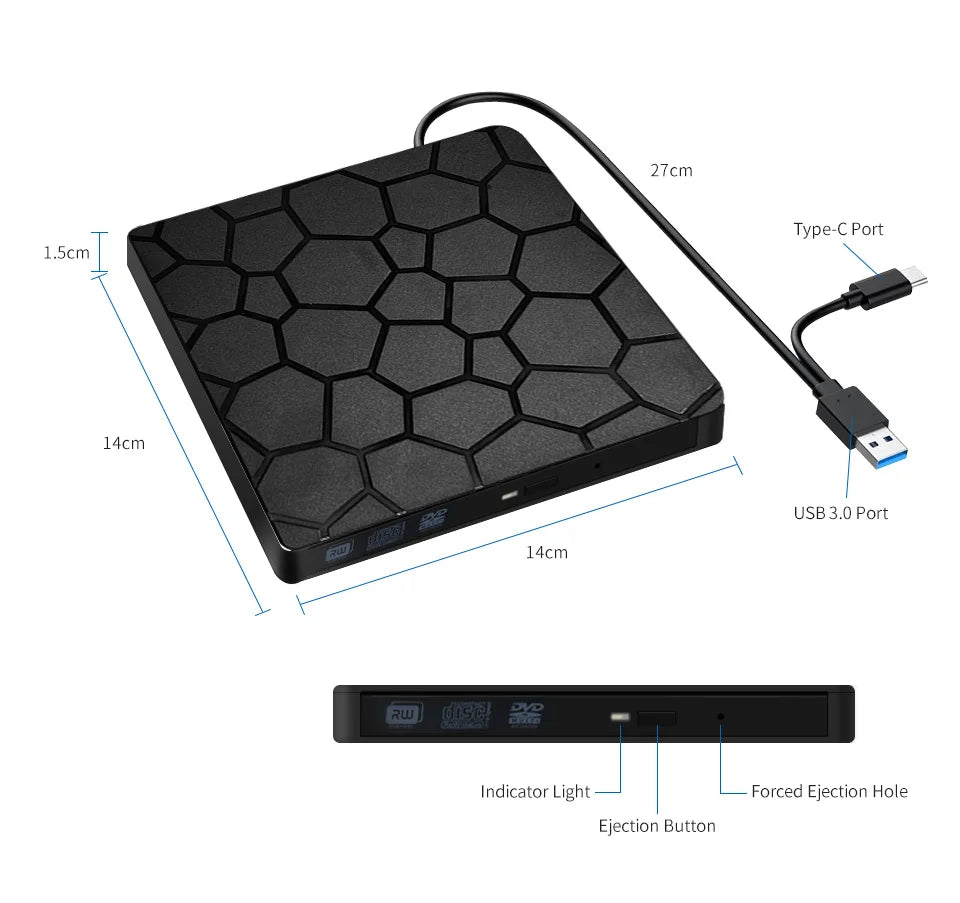 2in1 USB3.0 TypeC Slim External DVD VCD CD Writer Optical Drive Burner Reader Player Portable For Laptop PC DVD Burner DVD