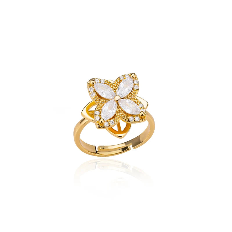 18K Gold Zircon Heart Clover Spinner Anxiety Ring