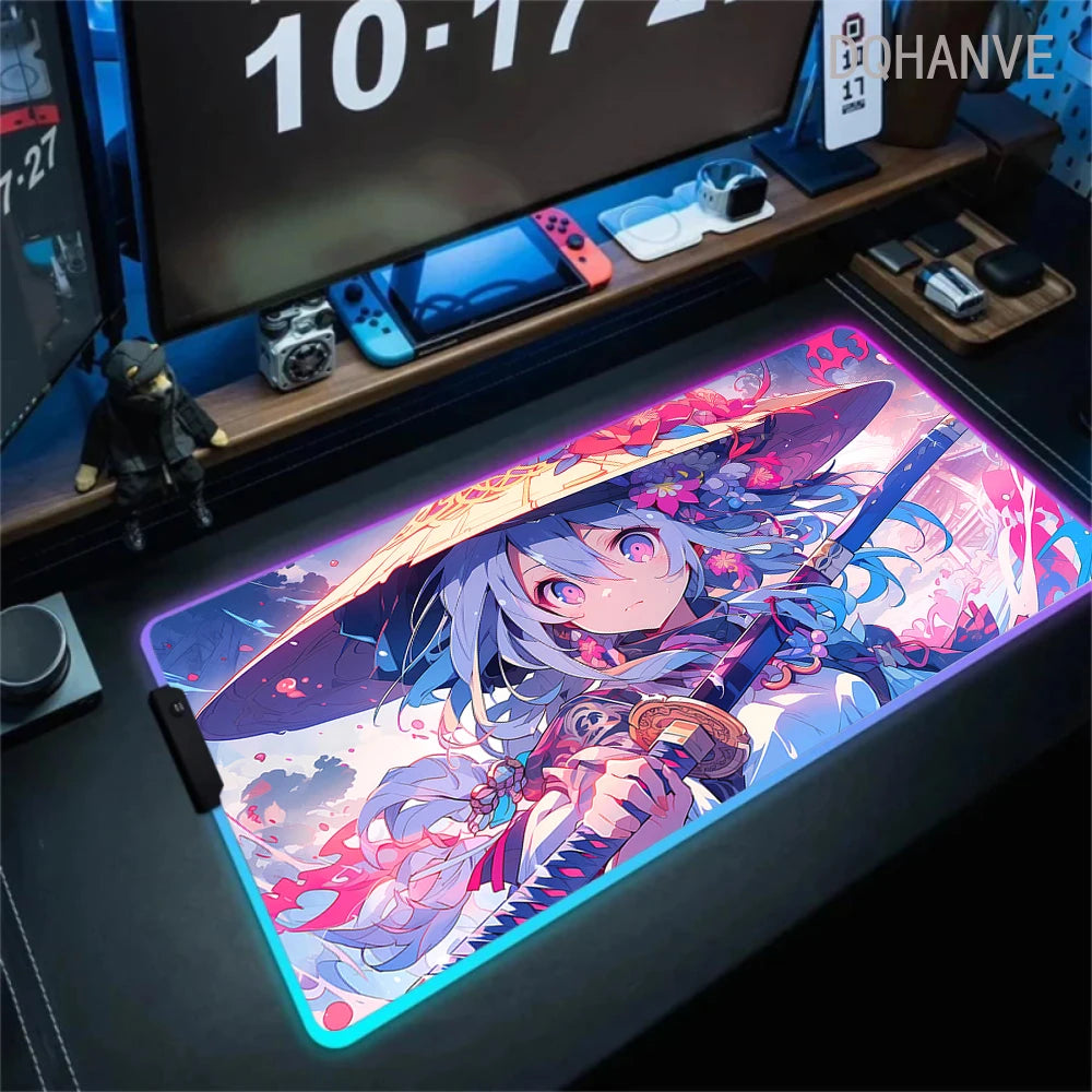 Pink Girls RGB Anime Rubber Mouse Pads XXL Cute Large LED Lighting PC Computer Mousepad Colorful Glowing Deskmat Backlight Mat
