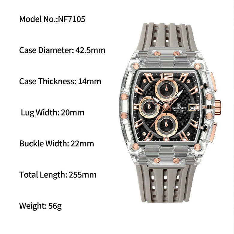 Naviforce NF7105 Tonneau Quartz Chronograph 5ATM Silicone Watch