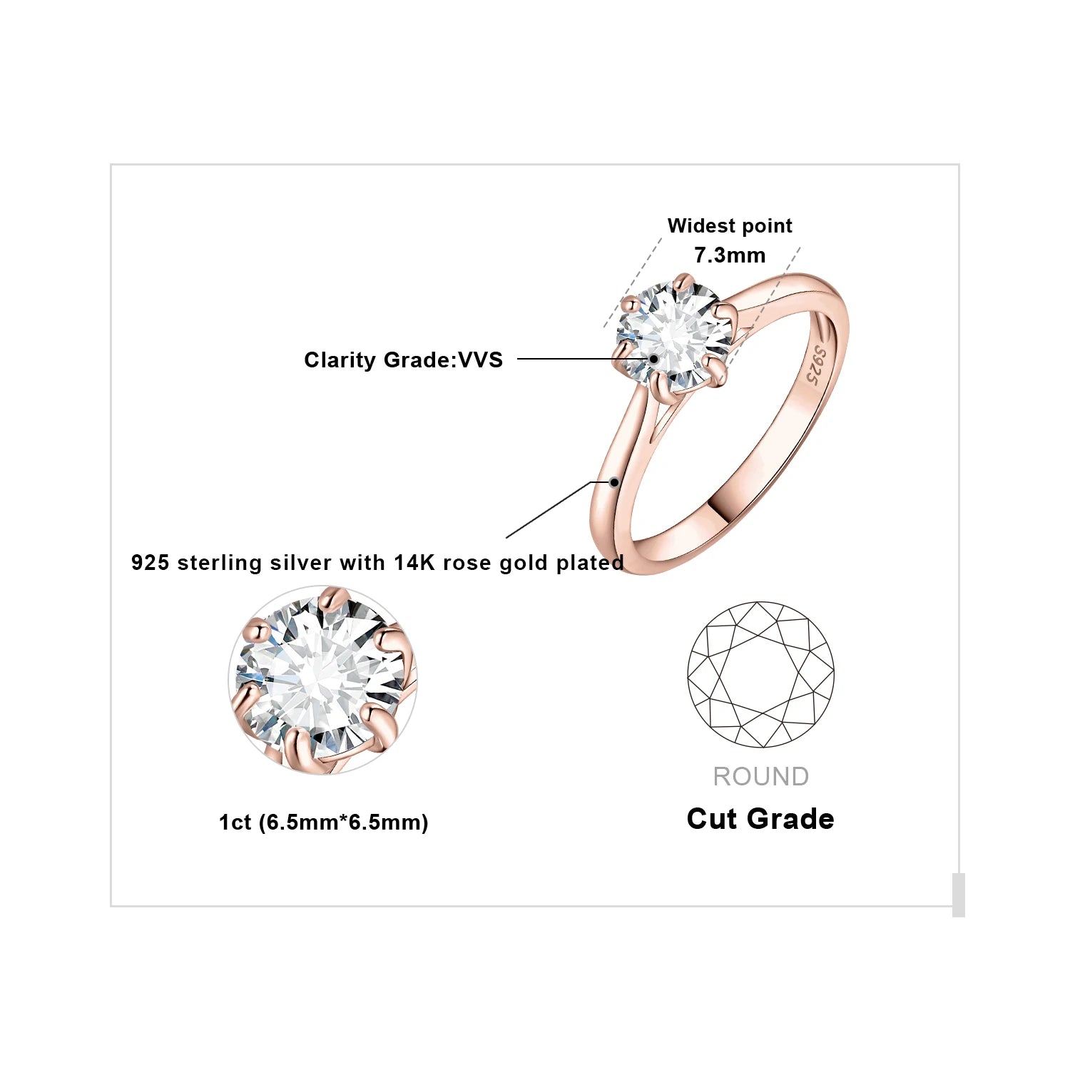 925 Sterling Silver D Color 6-Claw Moissanite Solitaire Ring