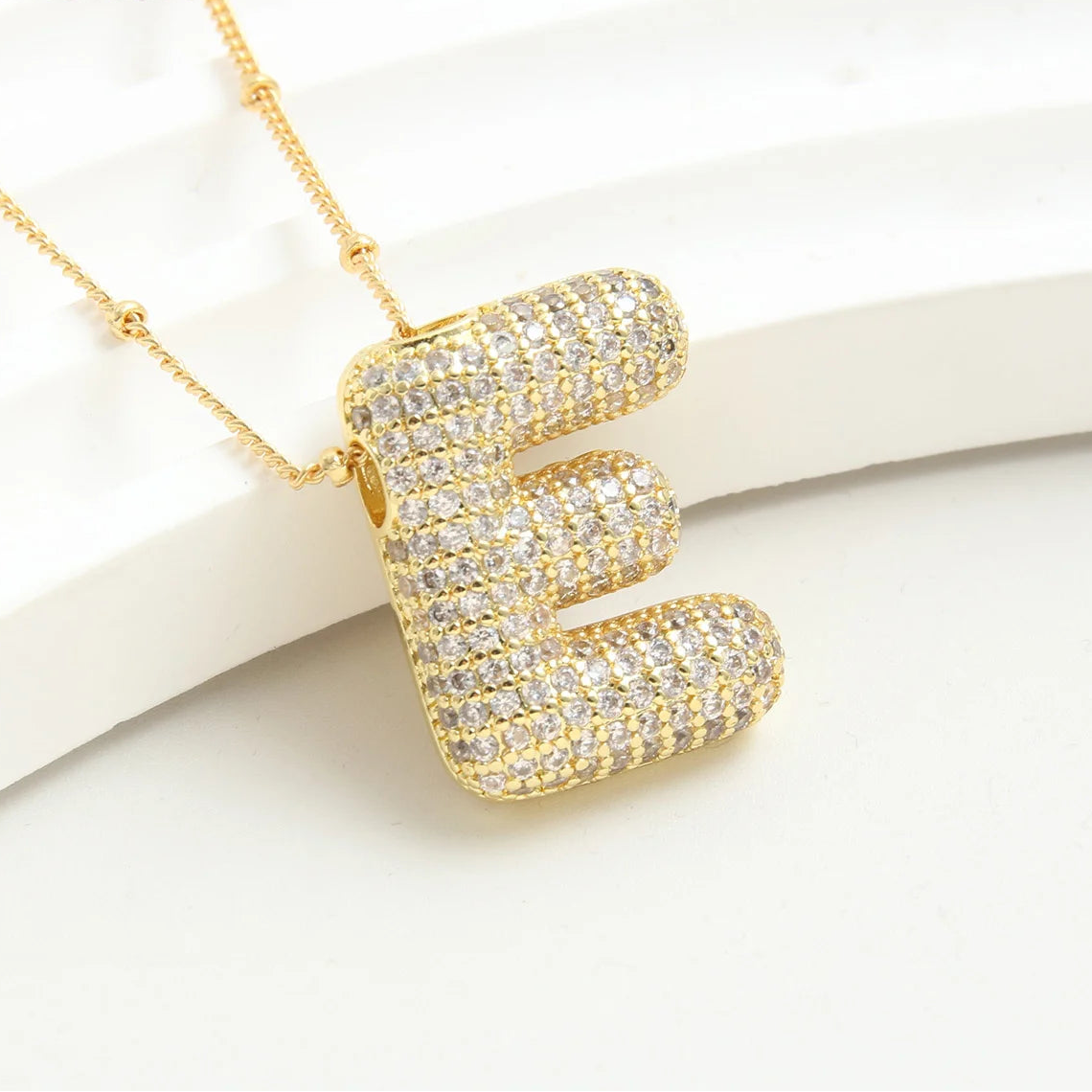Gold-Style Plated Balloon Initial Zirconia Letter Pendant Necklace