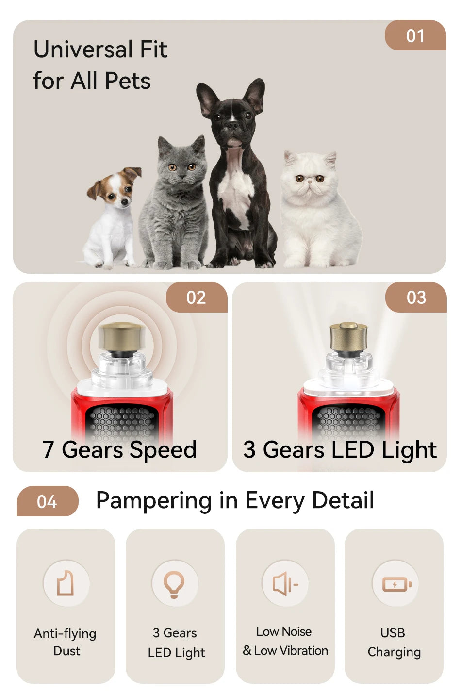 Professional 7-Speed LED Rechargeable Pet Nail Grinder