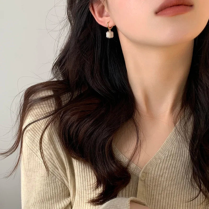 Premium Square Pearl Pendant Drop Earrings Luxury Jewelry
