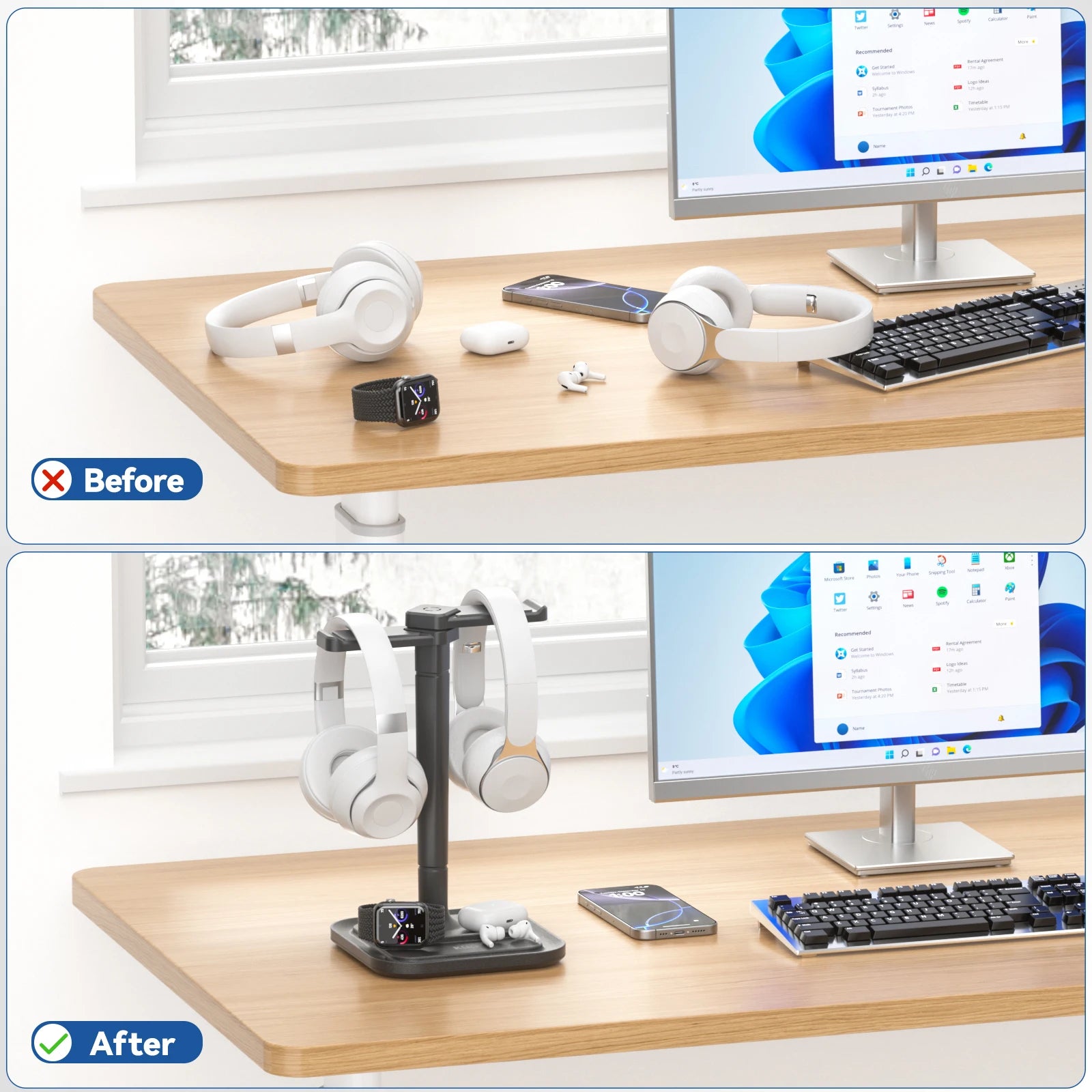 Dual Headphone Stand for Desk Rotatable Headset Hanger with Phone Holder Removable Non-Slip Base for Gamers Desktop Accessories