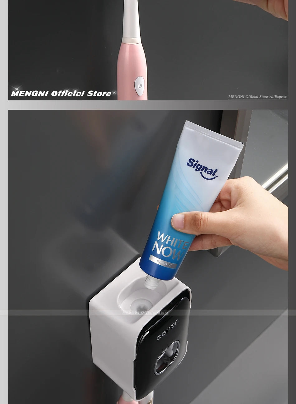 MENGNI Automatic Toothpaste Dispenser Wall-Mounted Bathroom Toothpaste Squeezer Punch-Free Toothbrush Holder Rack Bathroom Acces