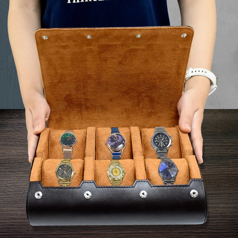 Premium 6-Slot Leather Watch Travel Case Roll Organiser