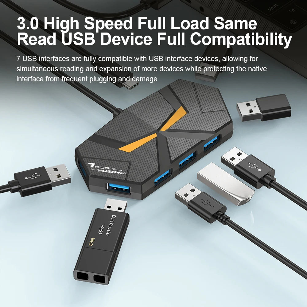 7 Ports USB 3.0 HUB USB Docking Station USB Splitter Adapter 5Gbps High Speed Transmission PD Power Supply For Laptop Computer